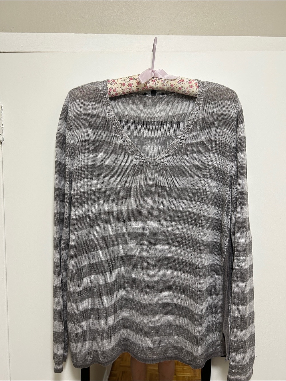 Eileen Fisher Gray Striped Linen V Neck Knit Sweater